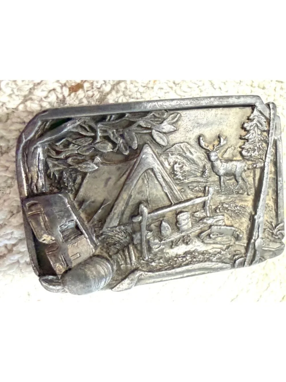 Vintage 1984 Siskiyou Pewter Belt Buckle Camping Fishing Wildlife Deer Mountain